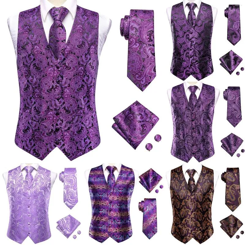 Herrenwesten Lila Lavendel Lila Seide Herren Weste Krawatte Set Ärmellose Jacke Anzug Weste Krawatte Einstecktuch Manschette Hochzeit_voghion.com