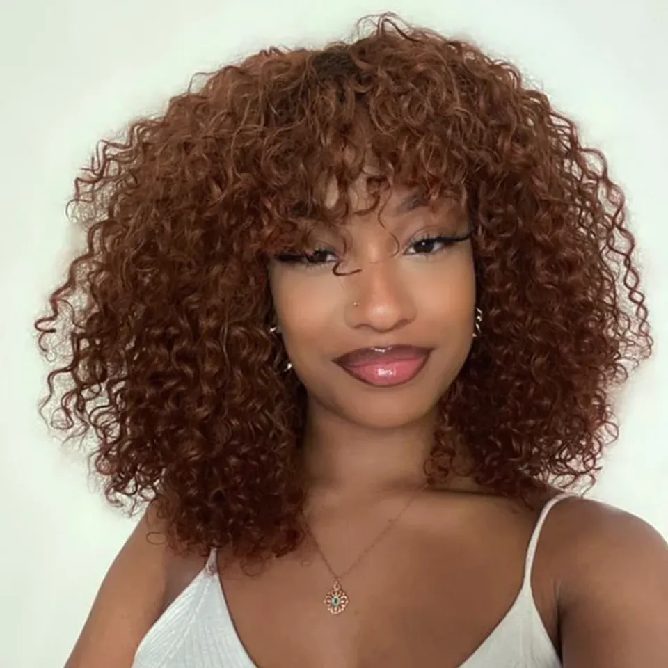 220%Dichte Curly Human Hair Perücken mit Pony Full Machine Made -Perücken hervorheben honigblonde farbige Perücken für Frauen peruanische Remy -Haare