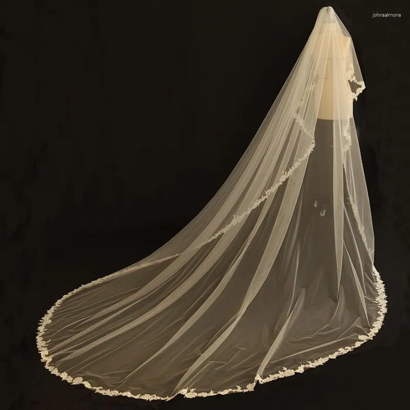 Bridal Veils Bride Fishbone Flowers koronkowe proste przeciągające ślub Długie kościele kościelne