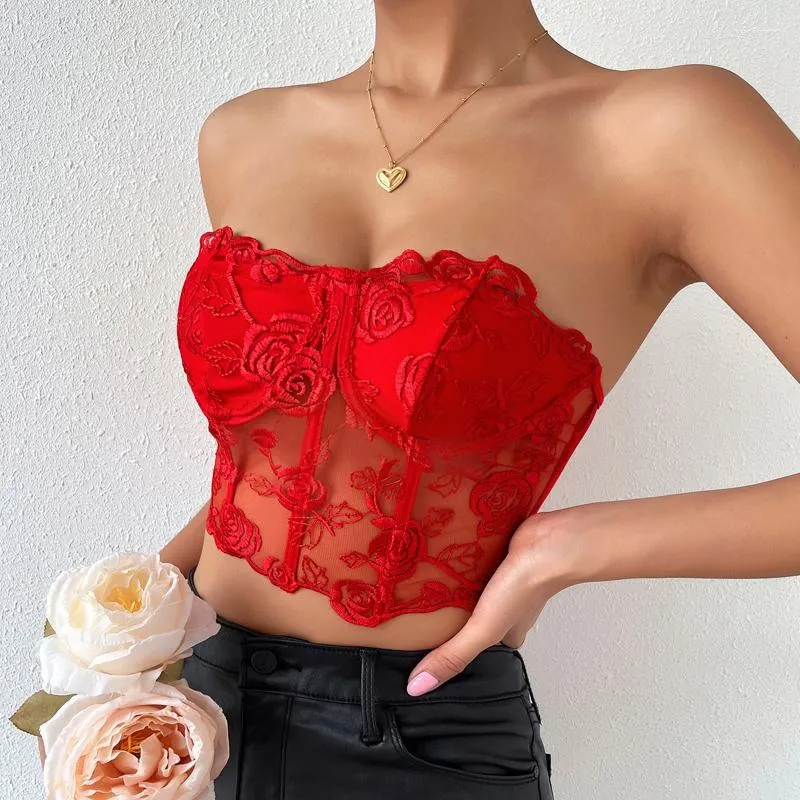 Dames tanks vrouwen zomer sexy strapless kanten korset buis top rozen bloemen borduurwerk pure mesh mini bustier bralette backless viskegel