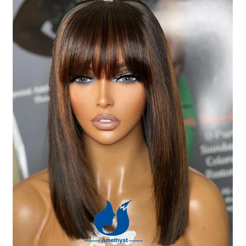 220%density Brown Highlight Short Bob Human Hair Wig with Bangs for Women Top Full Machine Wig Brazilian Remy Straight Bob