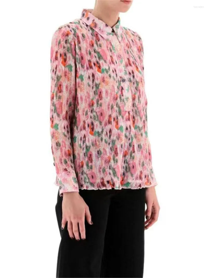 Blouzen voor dames geplooid shirt vrouwen bloemenprint Turn-down kraag roze top lange mouw vrouwelijke zoete blouse 2023