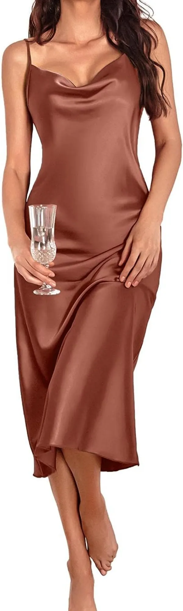 Kadın Saten Nightgown Moda İç çamaşırı Sijiz Skagetti Kayış Kabuk Boyun Zarif Uzun Kayma Saten İpek Midi Elbise