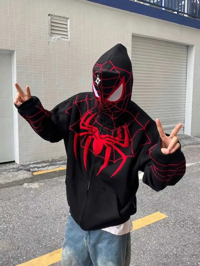 メンズフーディーズスウェットシャツY2Kジッパーフーディーマン刺繍ゴシックスパイダーパターン特大のパーカー2023新しいパンクヒップホップルーズフーディーズストリートウェアJ230823