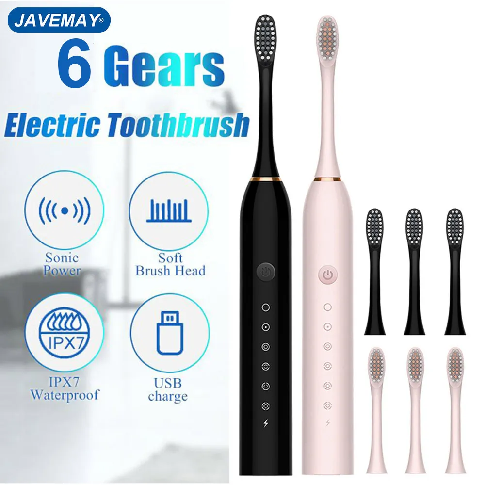 Brosse à dents Brosse à dents électrique sonique pour enfants adultes Brosse à minuterie 6 modes Chargeur USB Brosses à dents rechargeables Tête de remplacement JAVEMAY J189 230823