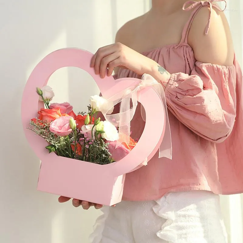 Cadeau cadeau coeur forme fleurs boîtes papier d'emballage amour romantique femmes panier de fleurs sacs portables fête petite amie saint valentin cadeaux