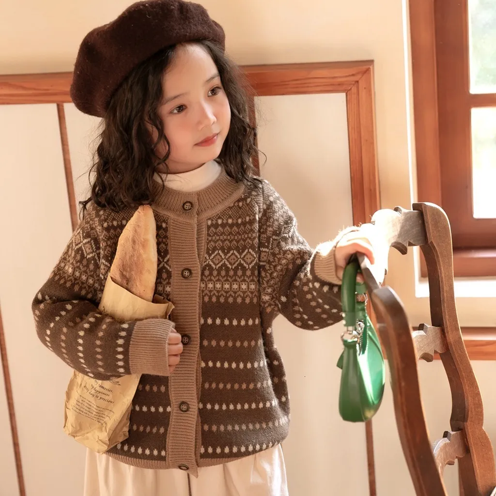 Cardigan tricoté pour enfants, vêtements d'automne, pull à motif Vintage pour filles, bébé garçon, 230823