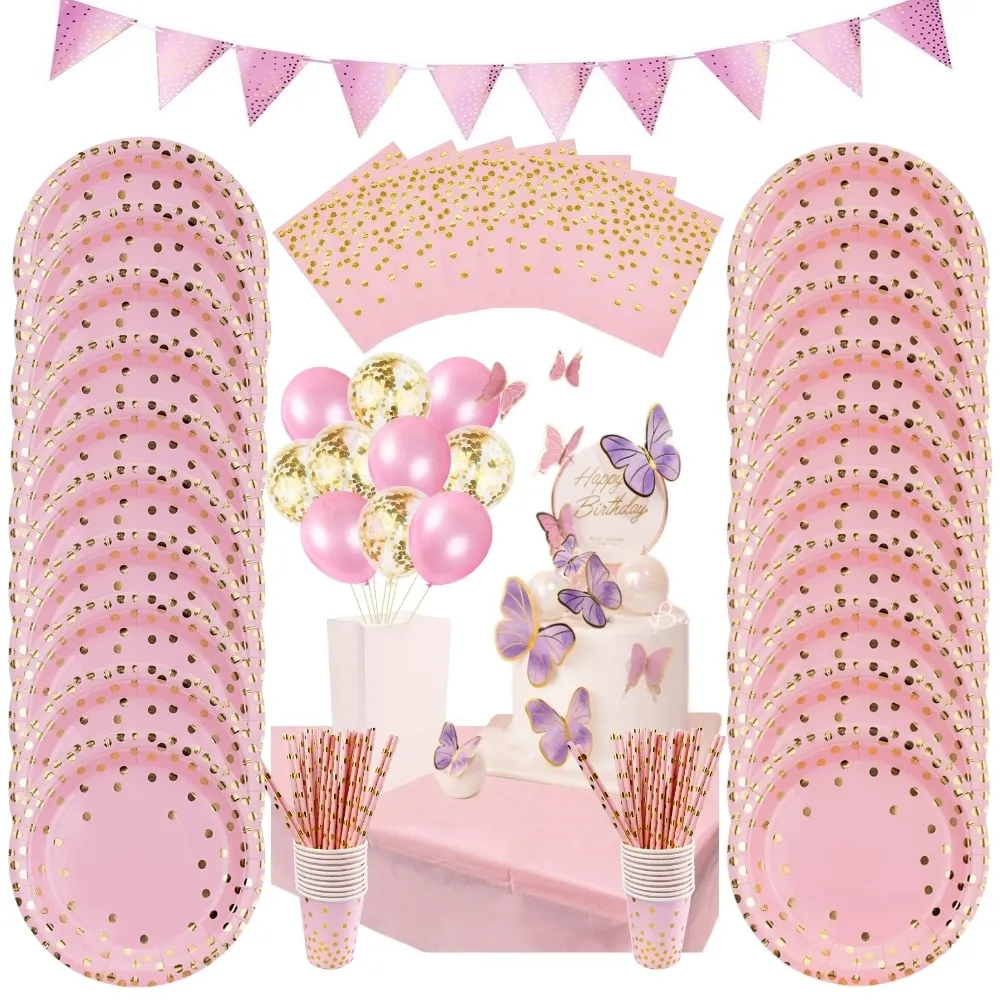 Autres fournitures de fête d'événement Ensemble de vaisselle jetable rose Ensemble de serviettes en papier à pois dorés Assiettes de nappe Pailles pour la décoration d'anniversaire de mariage Baby Shower 230822