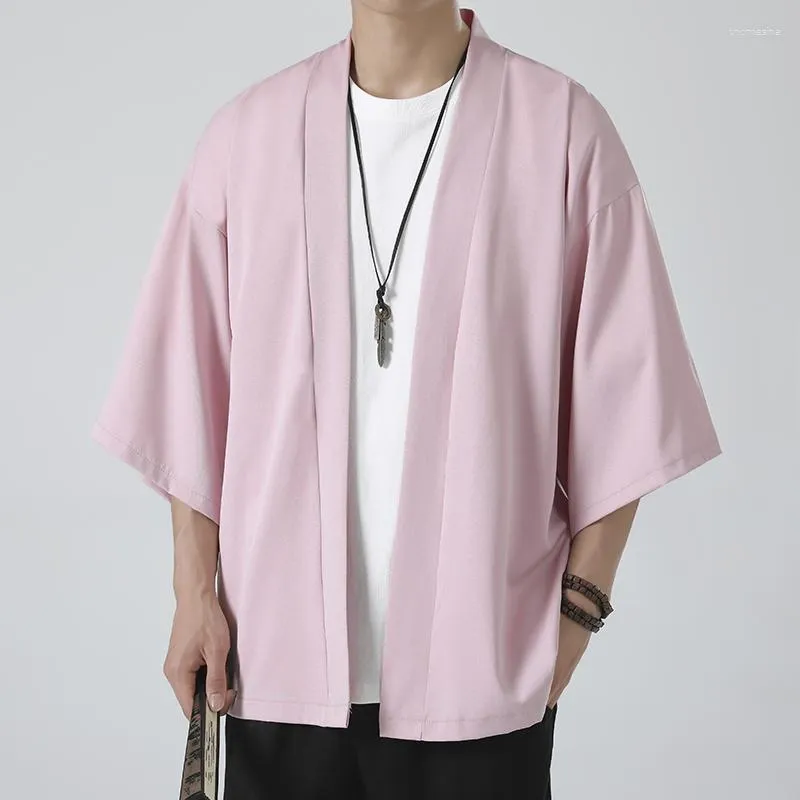 Vêtements ethniques Veste kimono légère pour hommes Sept manches Cardigan ouvert sur le devant Manteau de style japonais Peignoir