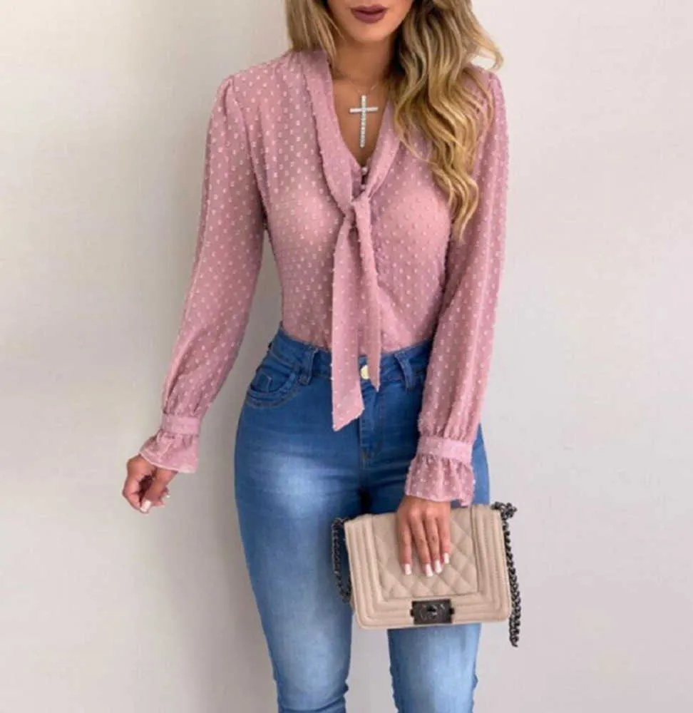 Mode Frauen Langarmbluse Bluse Ladies Solid Chic Bogenkragen elegante Hemd Office Dame Tops arbeiten formelle Hemdblusen 2019