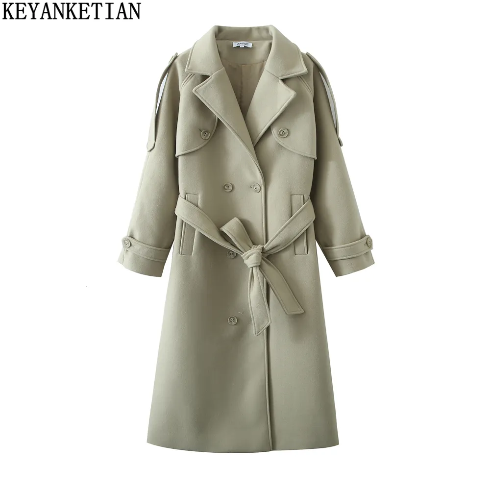 Mélanges de laine pour femmes KEYANKETIAN long manteau d'hiver surdimensionné en laine rembourré vert clair Oversize avec ceinture trench à double boutonnage 230822