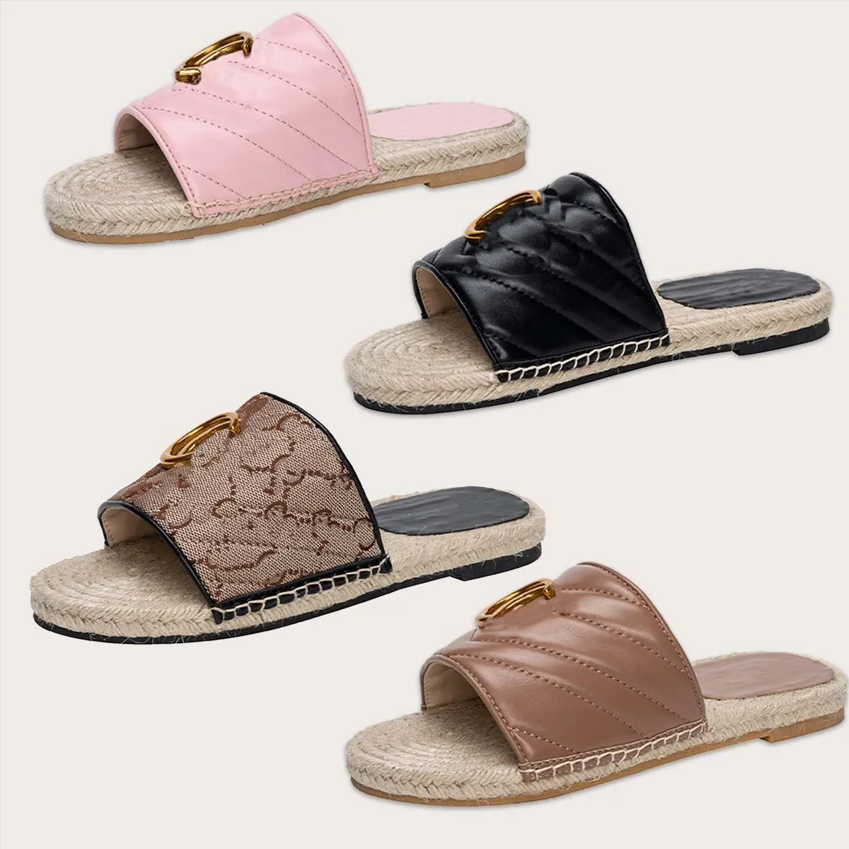 Designer women's platform flat sandals Brand shoes fashion slippers straw woven shoes casual metallic slide sandal espadrille fisherman's shoes