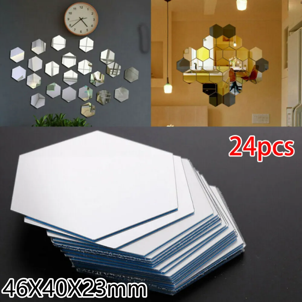 Stickers muraux 24pcs 3D miroir hexagone amovible art décalque décor à la maison murale bricolage argent acrylique réfléchissant 230822