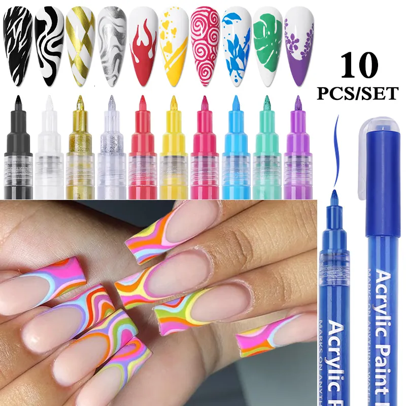 Nail Polish 10pcs Black White Gold Silver Waterproof Nail Art Graffiti Pen Colorful Painting Detailing Pen Drawing Nail Art Accessories Tool 230822