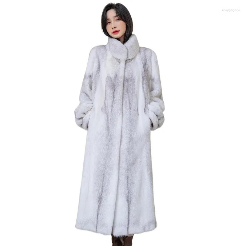 女性の毛皮の女性ロングミンクコート冬服ウエスタンスタイルの襟温かい光のトレンチオーバーコートカジュアルS-9xl