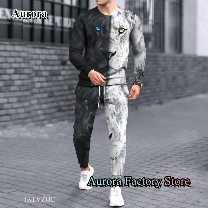 Herren Tracksuits Männer Löwen gedruckter Tracksuit lässig Langarm Tshirt Hosen Set Mode Jogging -Anzug männliches Outfit 2 Stück Springkleidung 230822