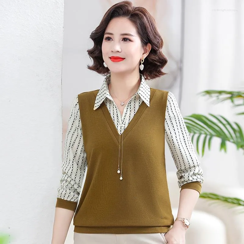 Blouses voor vrouwen van middelbare leeftijd lange mouw losse casual t-shirt moeder bodem breien shirt veer en herfst top