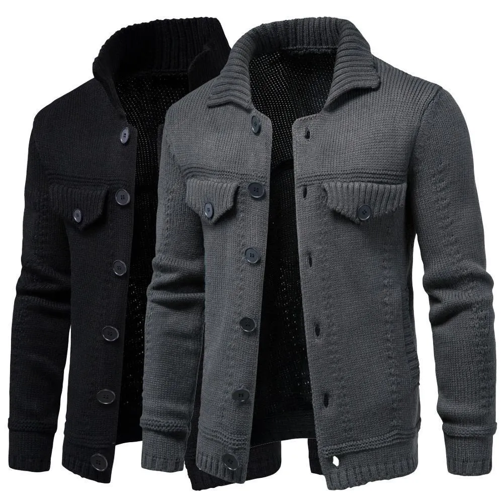 Herrtröjor Herrstickad tröja jacka och tjockare i vinterlång ärm Cardigan Wool Men's Lapel Workwear Cardigan Ytter tröja 230822