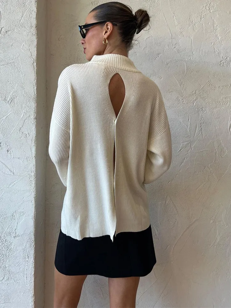 Kvinnors tröjor Tossy White Ribbed Hollow Out Women Pullover Loose High midje elegant smal stickad tröja Långärmad damer Fashion Streetwear 230822