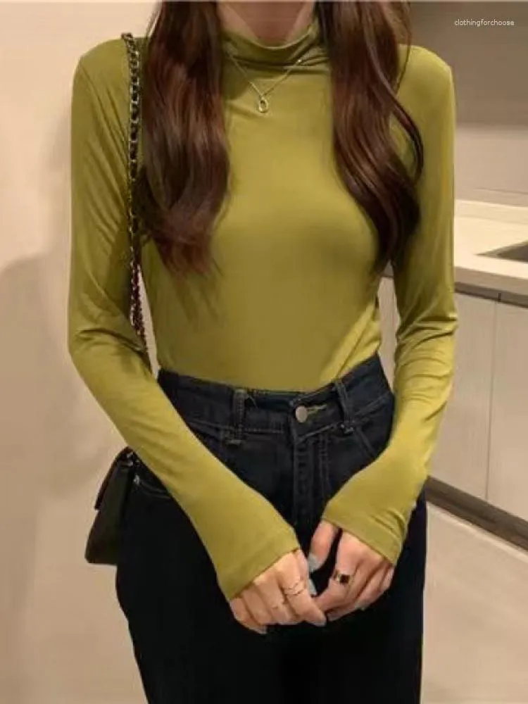 女性用Tシャツ女性ハイネックスプリングTシャツ長袖シャツプルオーバースリムフィット韓国版シンプルベーシックソリッドカラートップ