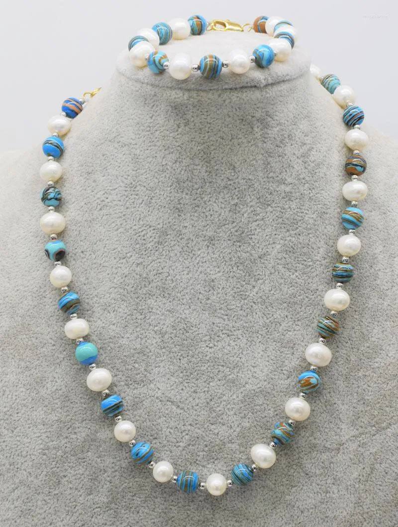 Chaînes un ensemble en gros de perles d'eau douce blanches près des veines bleues rondes pierre 8mmn collier bracelet 18 pouces perles naturelles