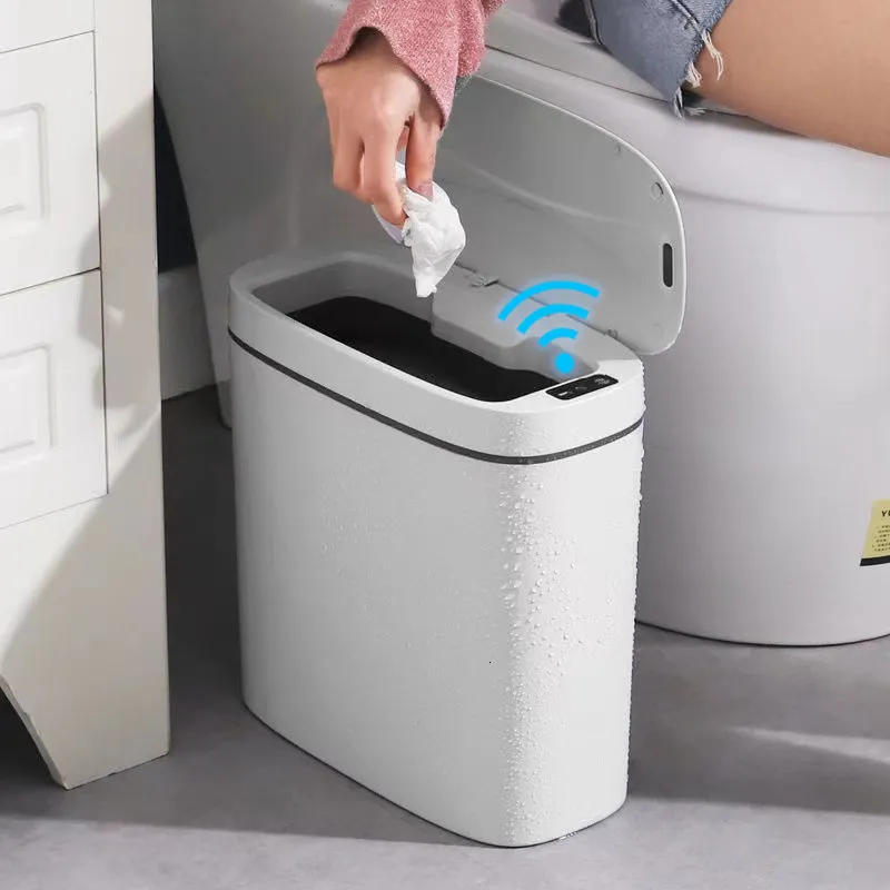 Atık kutuları 14L Akıllı Sensör Çöpü Elektronik Otomatik Banyo Tuvalet Yatak Odası Oturma Odası Su Geçirmez Dar Dikiş Sensörü Çöp Kutusu 230823