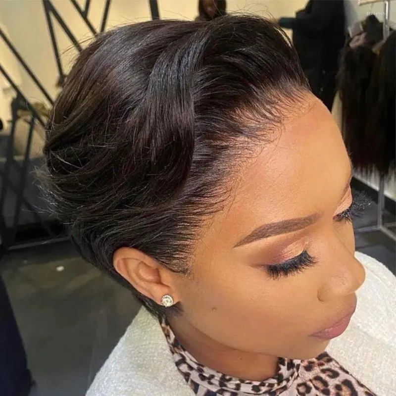 Perruque Lace Front Courte Pixie En Cheveux Naturels - Brun Châtain - Longueur 20 Cm - Taille Moyenne