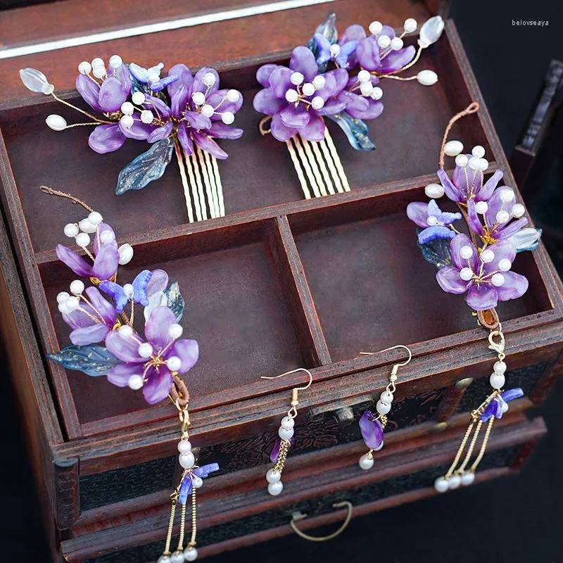 Hårklämmor Antik lila huvudbonader Hårnål Glasad blomma Tassel Sidan Comb Fairy Step Shake Chinese Women Accessories
