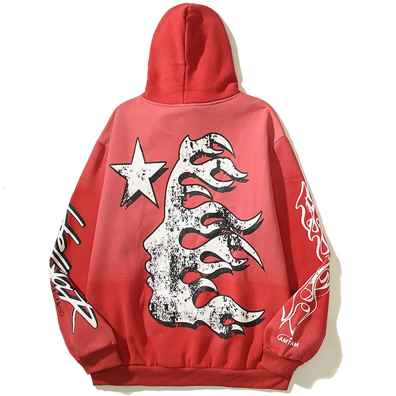 Herrtröjor tröjor röda hellstar hoodie hög kvalitet plus sammet hellstar tryckt high street mode hip hop lose hoodies sportkläder par 230823