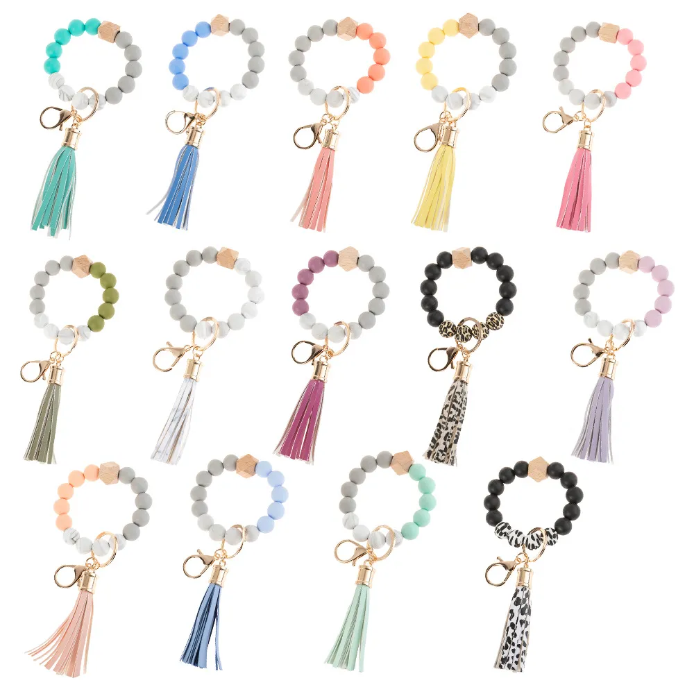 Silicone Tassel Wrist Beaded Bracelet Keychain Wooden Bead Keychain Girls Bag Decoration Keyring Key Chains Gift