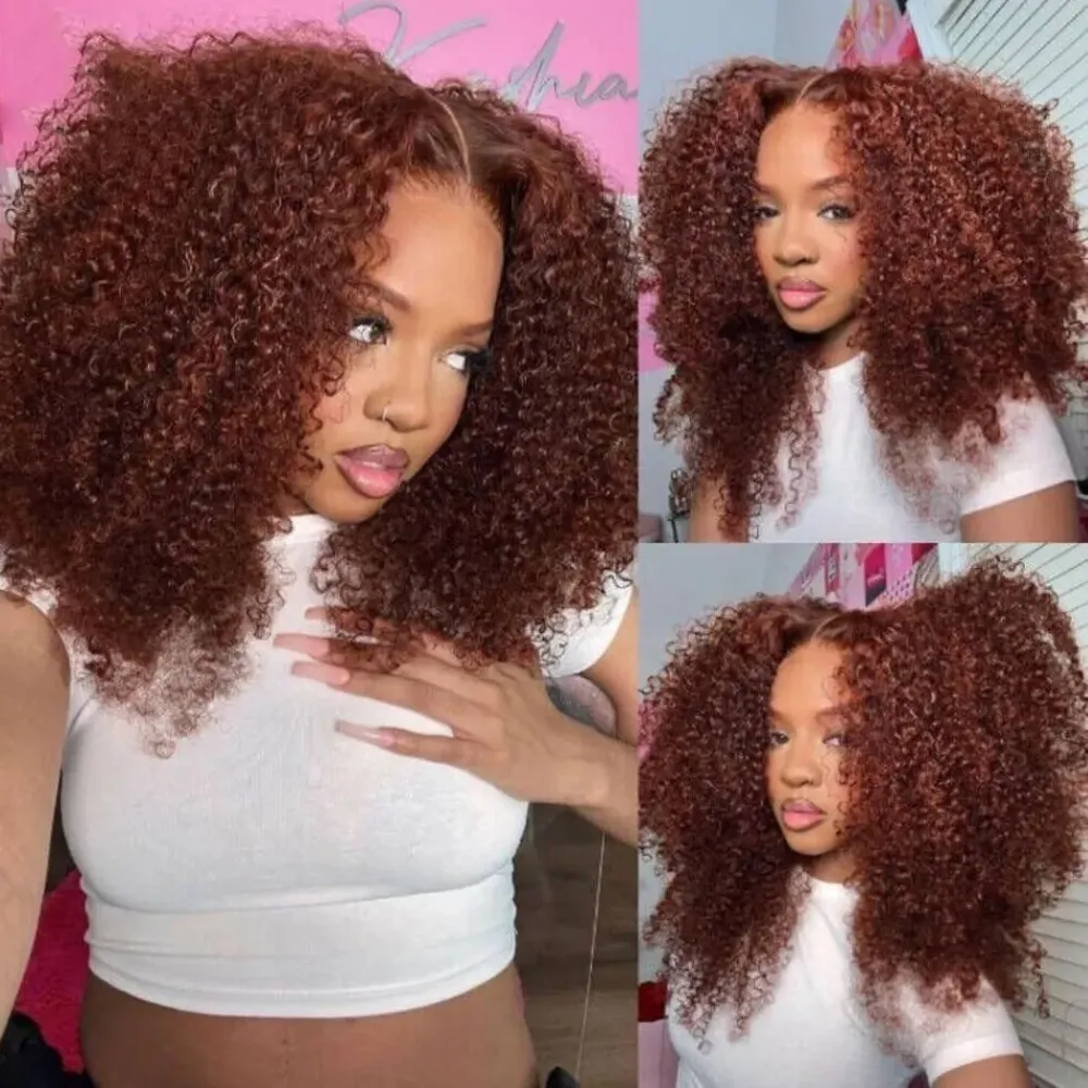 220%dichtheid 13x4reddish bruin 40 inch Kinky Kinky Kinky Curly Haren Haarpruiken Braziliaanse Remy Jerry Curly Lace frontale pruik transparante kant voorpruik