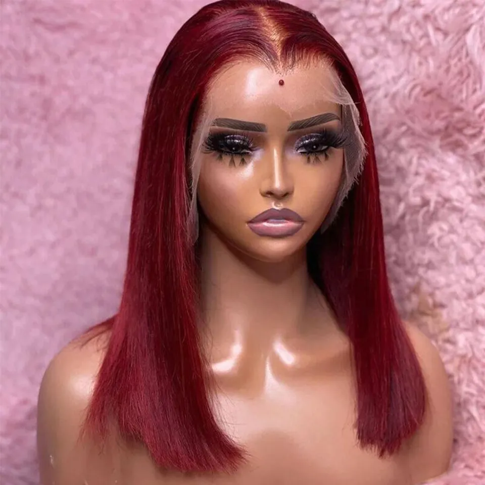 Burgundy HD Transparent Lace Front Human Hair Wigs 99J Red Straight 220%density Lace Front Wig for Women Pre Plucked Highlight Wig
