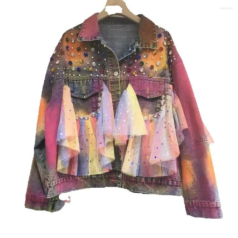 Kurtki damskie 2023 Wiosenna jesienna kurtka Krótki koralikowatą frędzlą dżinsowy płaszcz luźny kolorowy inkrustowany kolor diamentowy