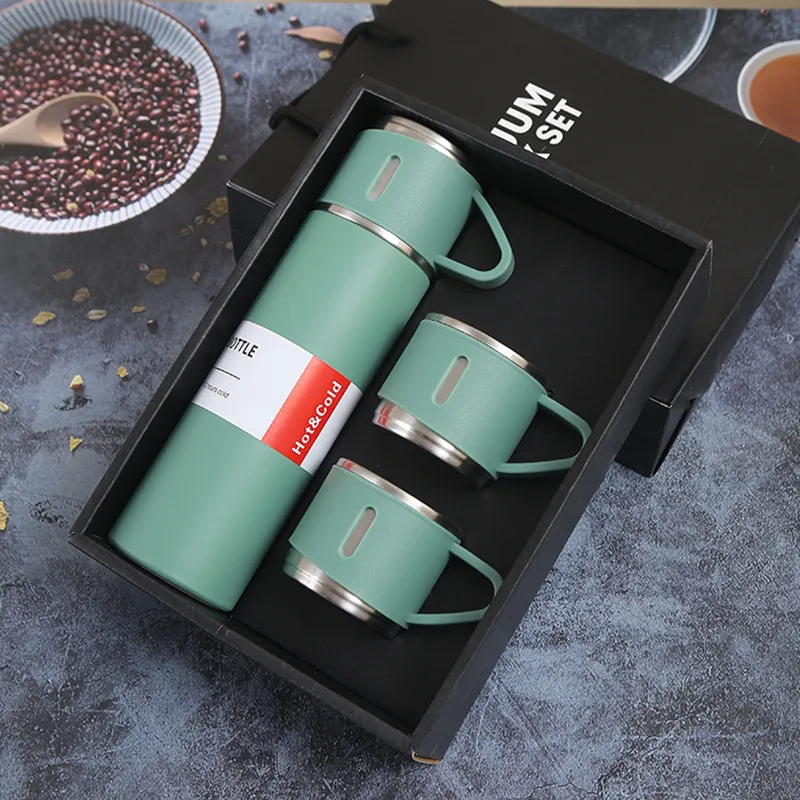 500 ml de bouteilles d'eau Ensemble 3 en 1 thermos thermos double couche en acier inoxydable vide thermos tasse tasse de fuite de la fuite flacons de voyage tasse de tasse de tasse avec handle cadeau de poignée