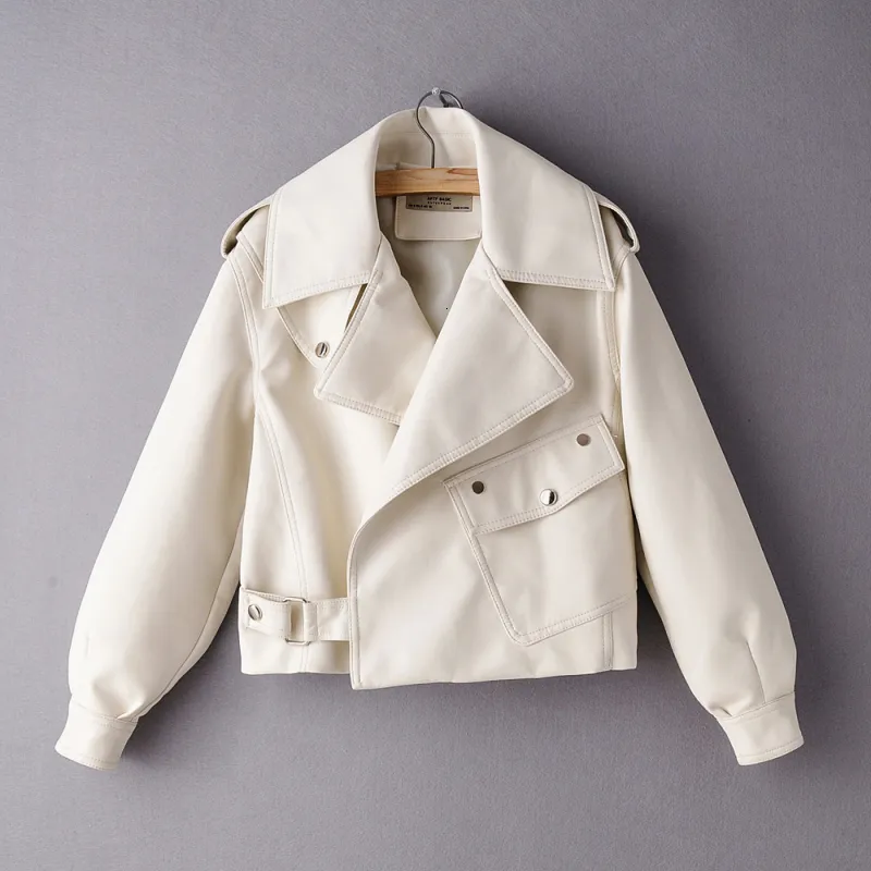 Women's Leather Faux Leather fashion casual women PU leather jackets spring elegant white ladies coats streatwear puff sleeve female jacket girls coat 230822