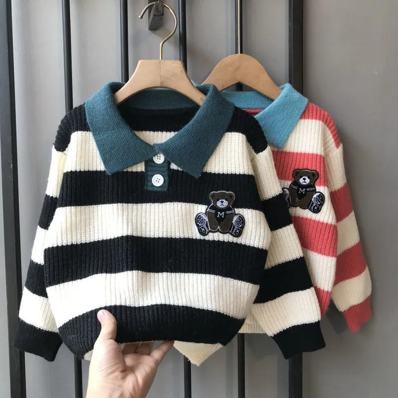 Pullover 2023 Spring Kids Fashion Knitted Striped Sweaters Boys Allmatch Long Sleeve Turndown Collar Cardigans 230823