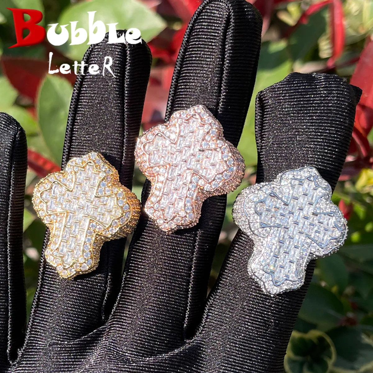 Band Rings Bubble Letter Cross Finger Ring Iced Out AAAAA Zircon Prong Setting Fashion Luxulry Men Hip Hop Jewelry for Gift 230822