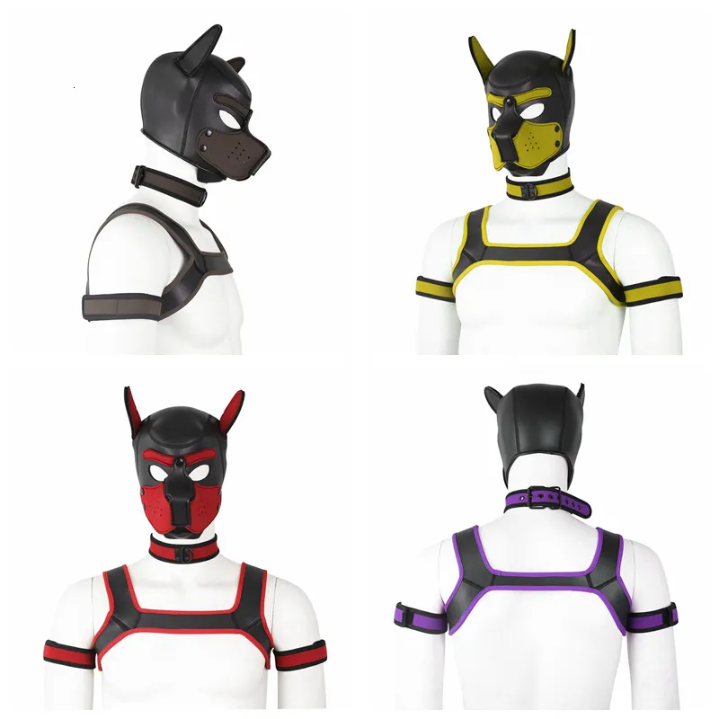 Masques de fête 8 couleurs chiot jouer chien capuche masque hommes poitrine sangle cou collier brassard sexy costume esclave jeu de rôle ensemble masques de fête 230822