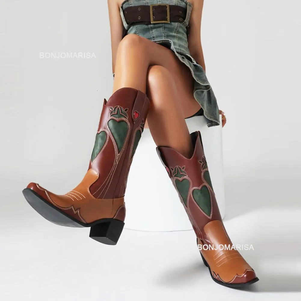 Boots BONJOMARISA High Square Heeled Western For Women Midcalf Brand Pointed Toed Cowgirls Knight Embroidered Lady Booties 230823