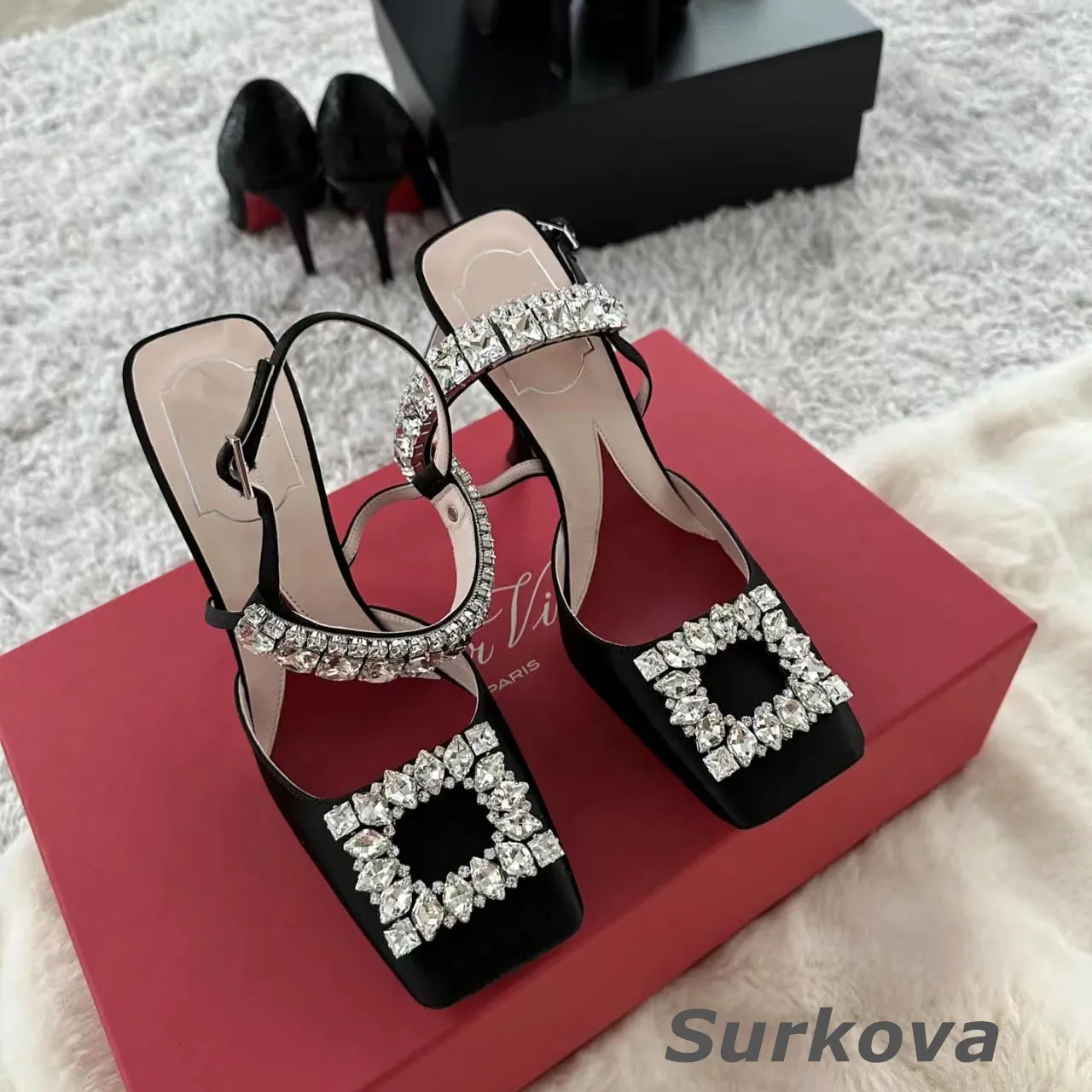 Klänningskor Kvinnors pumpar High Heel Shoes Fashion Square Toe Buckle Super High Heel Single Shoes Thin Heel Party High Heel Shoes 230822