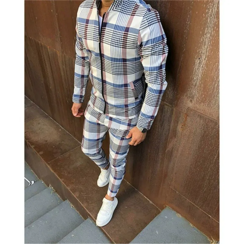 Tracksuits voor heren Men '3D Plaid Sports Suit Gentlemen Sets Jacket Men Set Tracksuit Fitness Fashion zipper 2 stuks heren sets Sportswear Suit Men 230823