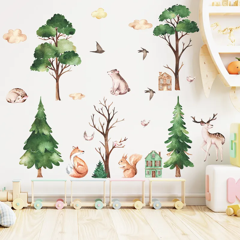 Wandaufkleber 118x45 cm Cartoon bemalt Waldkabine für Kinderzimmer Schlafzimmer Dekoration Home Dekoration Vinyl Tiere Trees Abziehbilder 230822