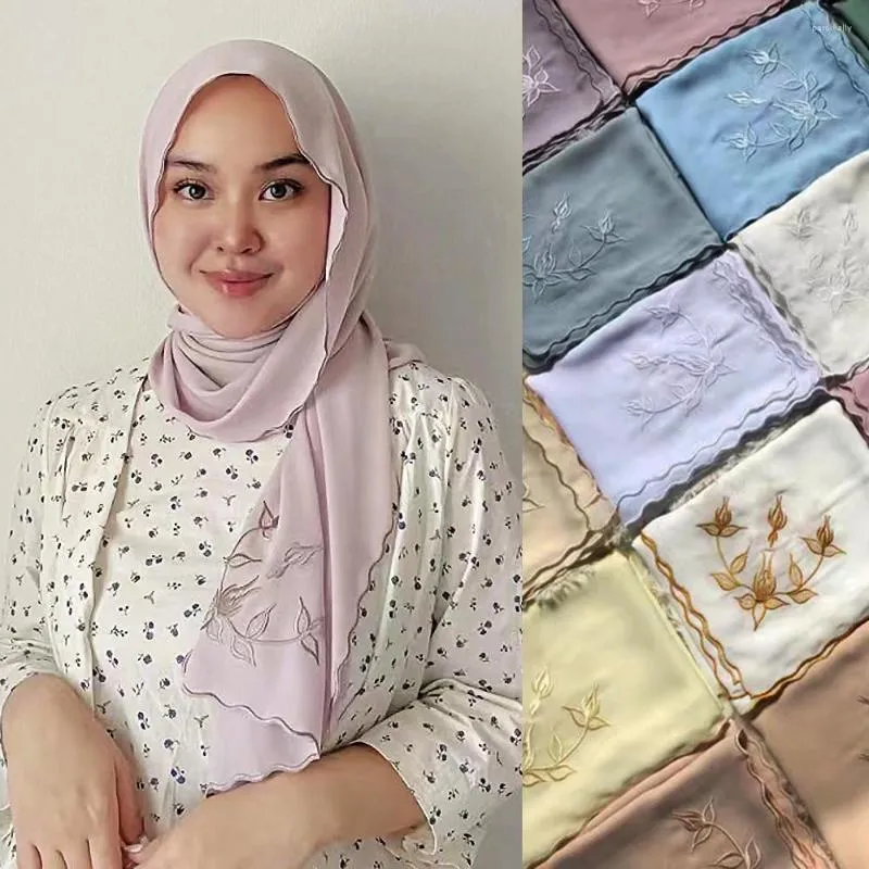 Ethnische Kleidung 2023 Muslim -Schals Frauen gestickt Chiffon Schal Mode Blume Langes Schal -Wickel Foulard Femme Hijab Kopftuch 180 70 cm