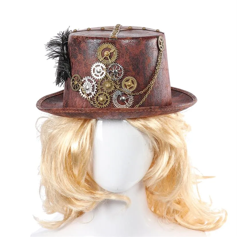 Steampunk Retro Chapeaux Carnaval Cosplay Bowler Gear Chaîne Plume Décor Party Caps Halloween Brown Round Top Chapeaux Pour Hommes Femmes T200292q