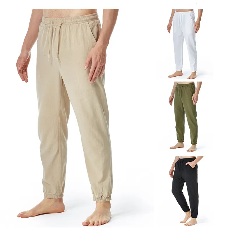 Calça masculina de verão linho de algodão de algodão lazer de lazer ioga fina fino calça esportiva casual solta respirável 230822