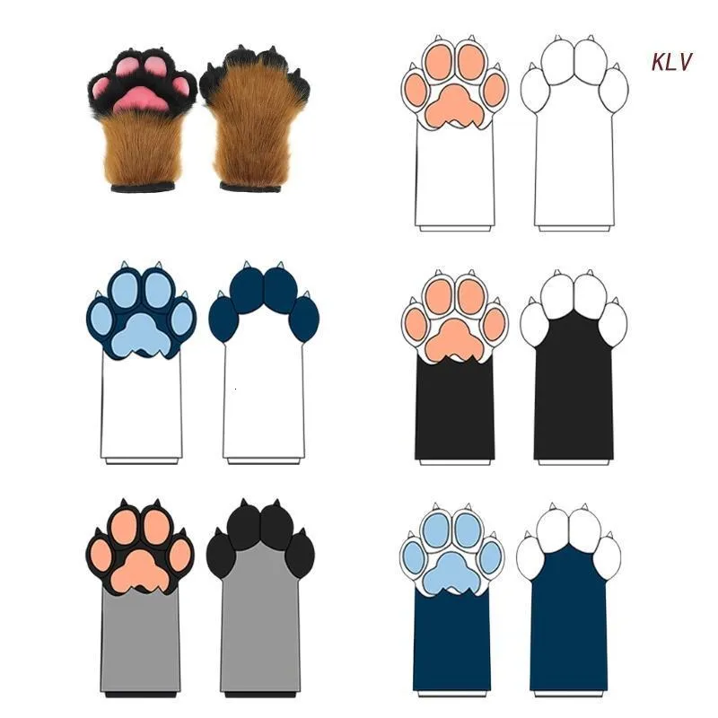 Fünf Finger Handschuhe Wolf Kostüm Furry Pfote warme Handschuhe für Erwachsene niedliche Plüschpeigere Kostüm Accessoire Animal Cosplays Party 6xda 230822