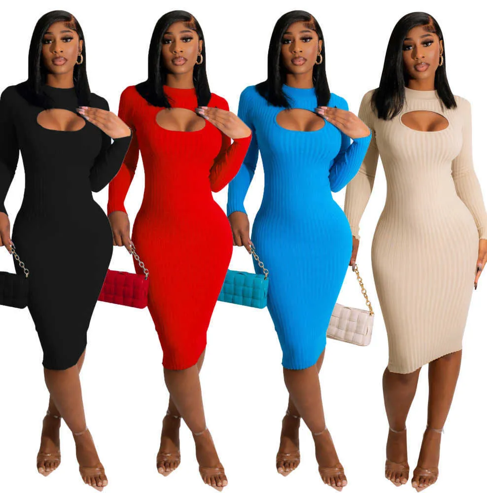 Bodycon Sweater Dresses Women Designer Hallow Out Slim Knee Length Dress Clubwear Free Ship