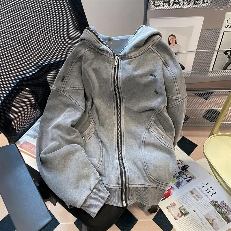 Sweat à capuche pour hommes et femmes, veste délavée avec fermeture éclair, Cardigan de rue hip-hop, couleur unie, manches longues, hauts