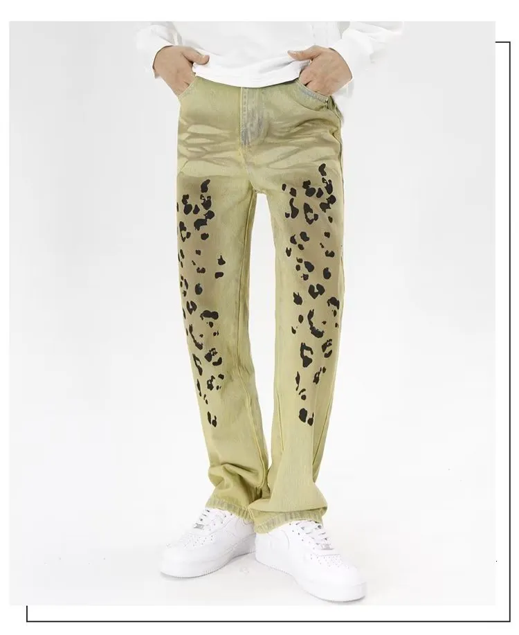 Jeans masculino estilo punk y2k jeans leopard estampar cáqui cáqui vintage homem folga calça jeans lava as calças de algodão heterossexuais angustiadas 230823