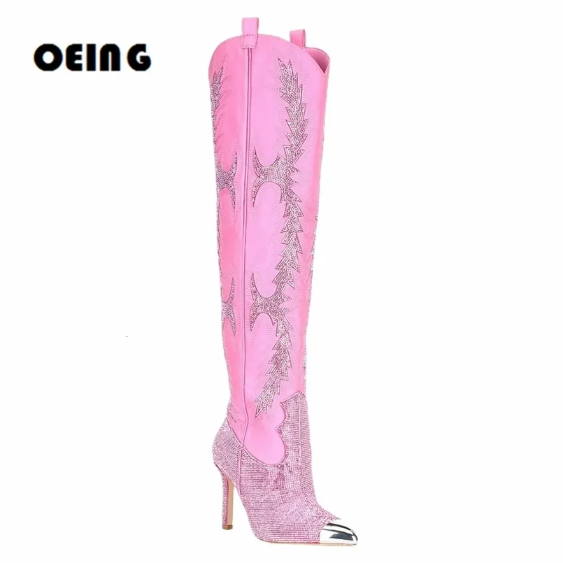 Embroidered Over The Knee Boots Womens Pointed Toe Thigh High